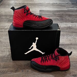 Jordan 12 Retro 'Reverse Flu Game' Red Black Sneakers - Men's Size 8.5 Womens 10